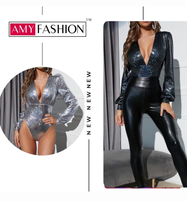 Women's Sexy Laser Bronzing Long Sleeve Slim Double Layer Concealed Body with V-Neck - Image 4