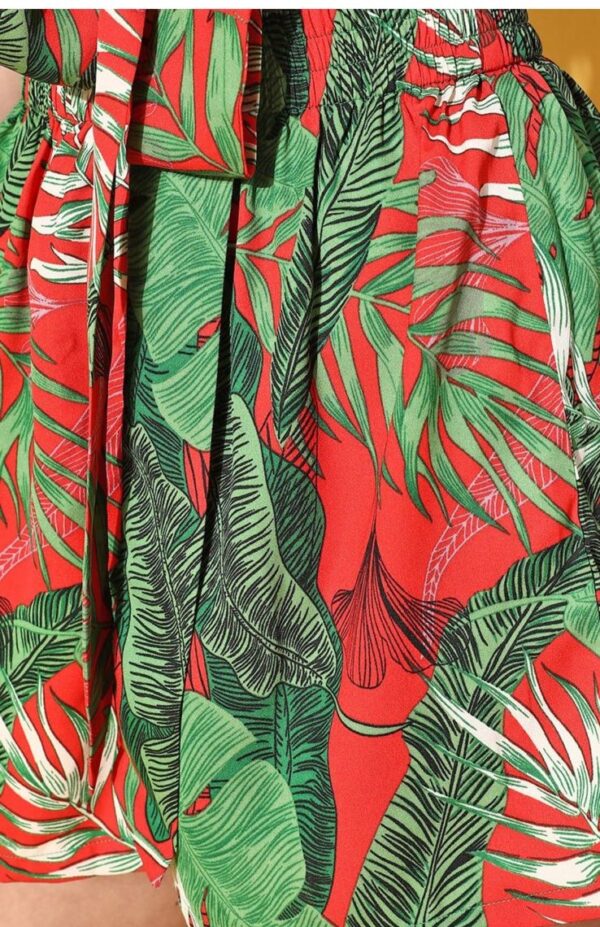Women Red & Green Tropical Printed V-Neck Front Tie-Up Crop Top & Mini Shorts Co-Ord Set - Image 2