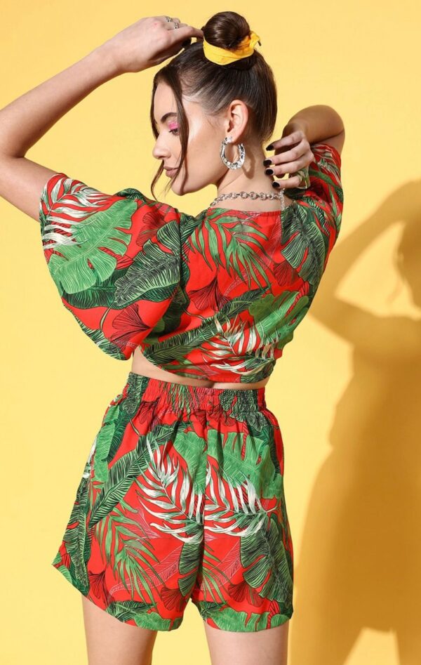 Women Red & Green Tropical Printed V-Neck Front Tie-Up Crop Top & Mini Shorts Co-Ord Set - Image 3