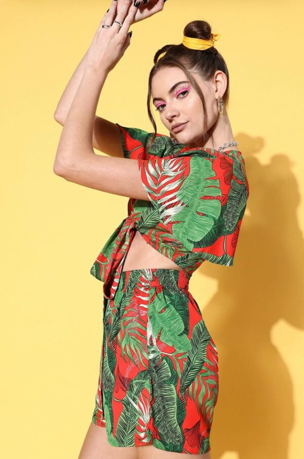 Women Red & Green Tropical Printed V-Neck Front Tie-Up Crop Top & Mini Shorts Co-Ord Set - Image 4