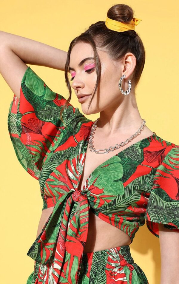 Women Red & Green Tropical Printed V-Neck Front Tie-Up Crop Top & Mini Shorts Co-Ord Set - Image 5