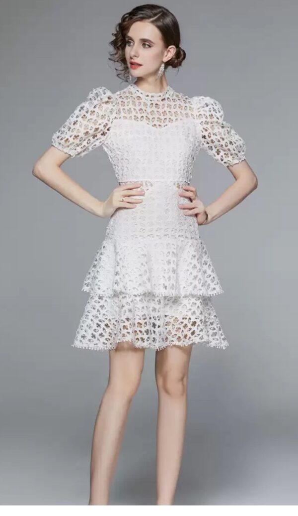 French Hollow Lace White Dress with Puffed Sleeves and Multi-Tier Skirt - Image 2