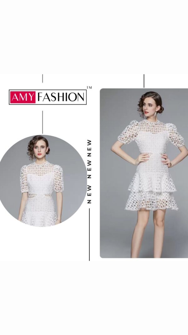 French Hollow Lace White Dress with Puffed Sleeves and Multi-Tier Skirt - Image 3