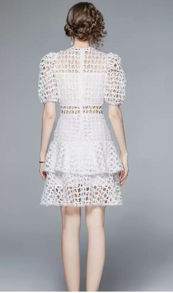 French Hollow Lace White Dress with Puffed Sleeves and Multi-Tier Skirt - Image 4