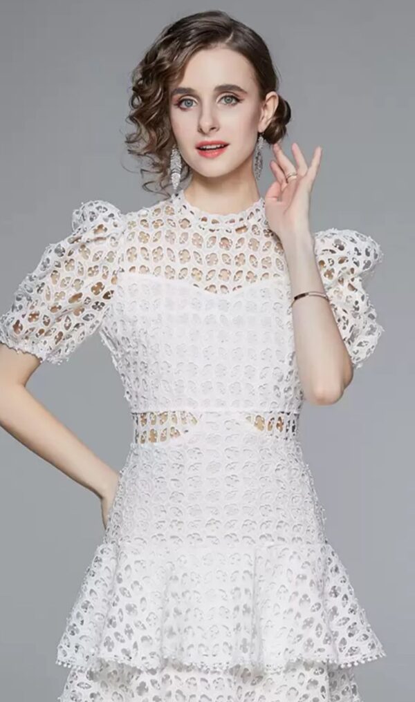 French Hollow Lace White Dress with Puffed Sleeves and Multi-Tier Skirt - Image 5