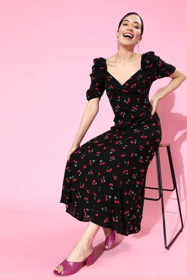 Berrylush Women Black Cherry Printed Sweetheart Neck Crepe Flared A-Line Maxi Dress