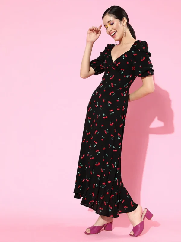 Berrylush Women Black Cherry Printed Sweetheart Neck Crepe Flared A-Line Maxi Dress - Image 3
