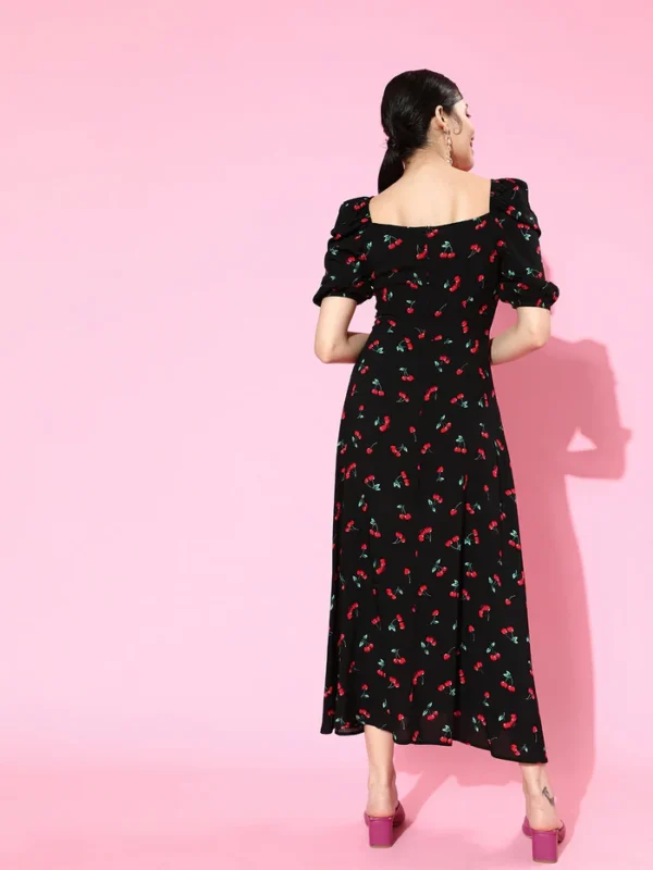 Berrylush Women Black Cherry Printed Sweetheart Neck Crepe Flared A-Line Maxi Dress - Image 4