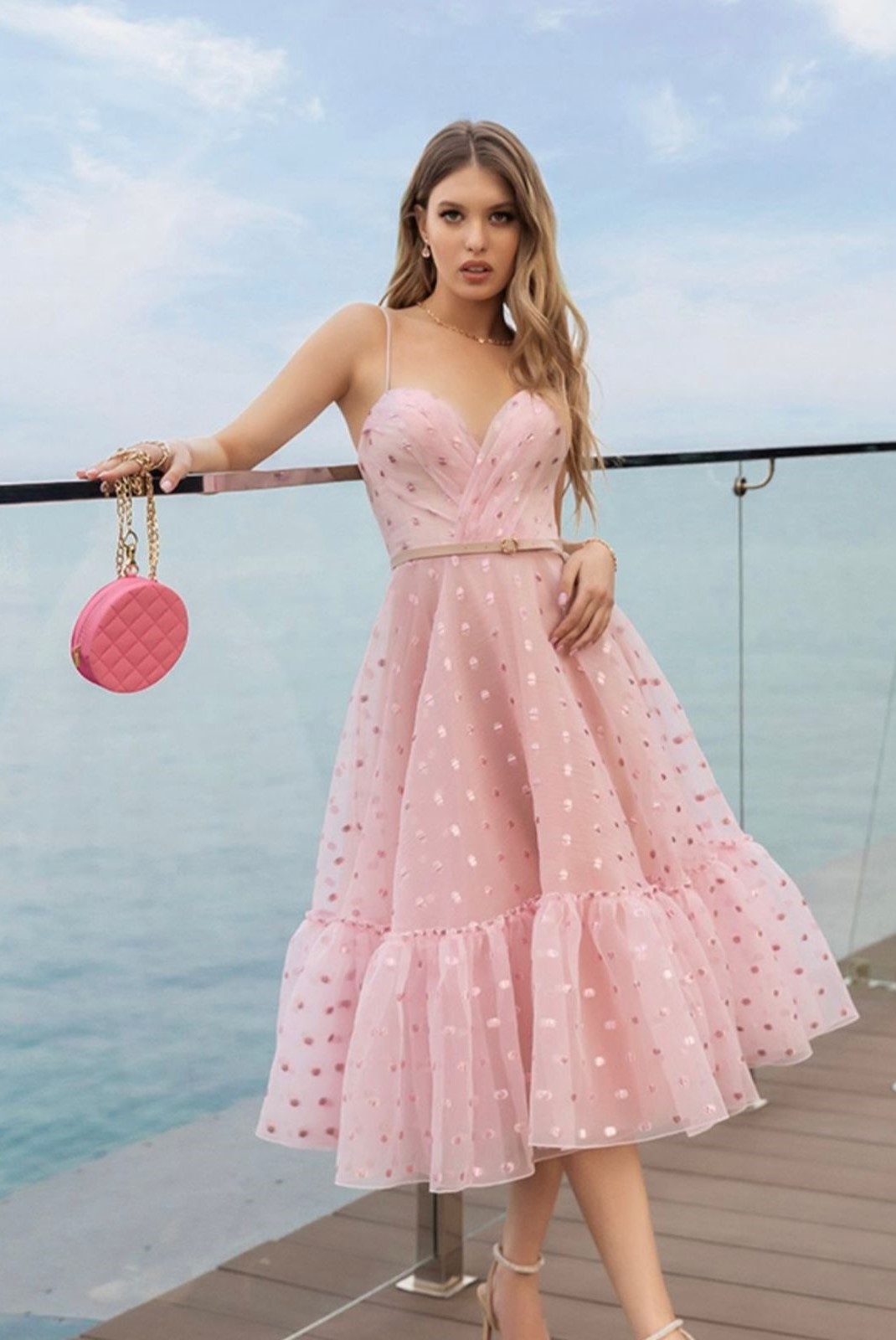 Plumeti midi dress with ruffle detail and sweetheart neckline