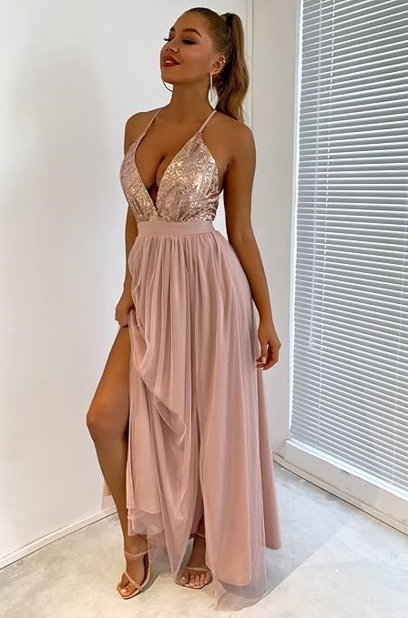Women’s Dress Dresses for Women Sequin Bodice Backless Mesh Cami Prom Dress