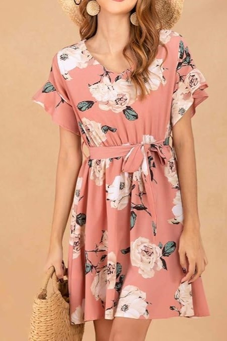 Women’s Casual Dress Ladies Elegant V-neck Belt Flower Print Loose Summer Knee Dresses