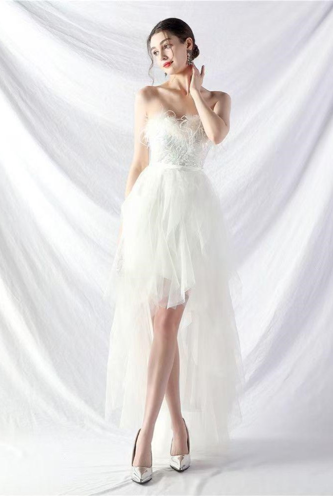 Hand-Made Ostrich Feather Positioning Flower Beads Mesh Gauze Short Front And Long Back Wrap Chest Evening Dress