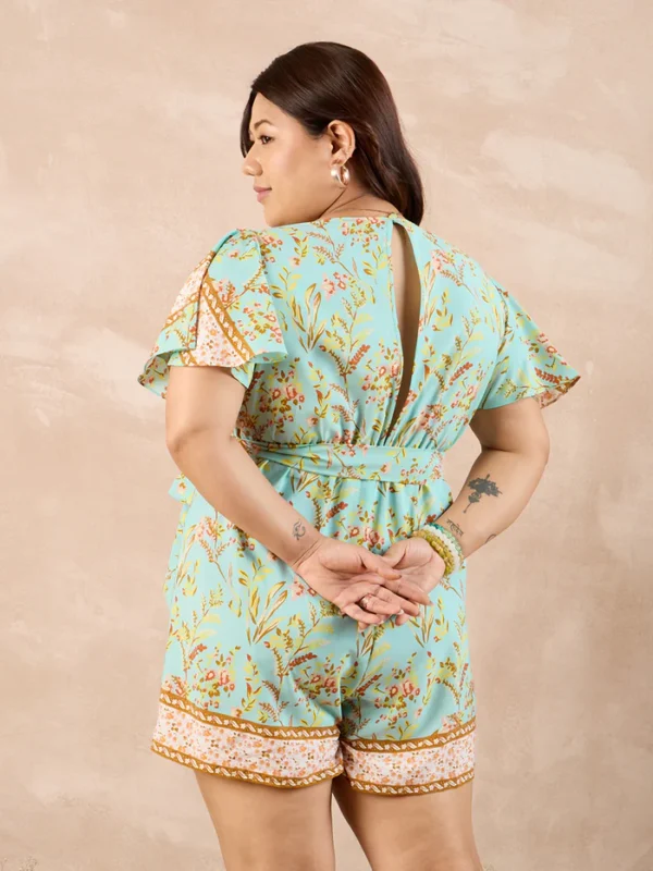 Women Green Floral Printed V-Neck Flared Sleeves Back Keyhole Waist Tie-Up Mini Jumpsuit - Image 2