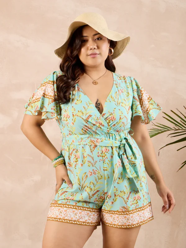 Women Green Floral Printed V-Neck Flared Sleeves Back Keyhole Waist Tie-Up Mini Jumpsuit - Image 4