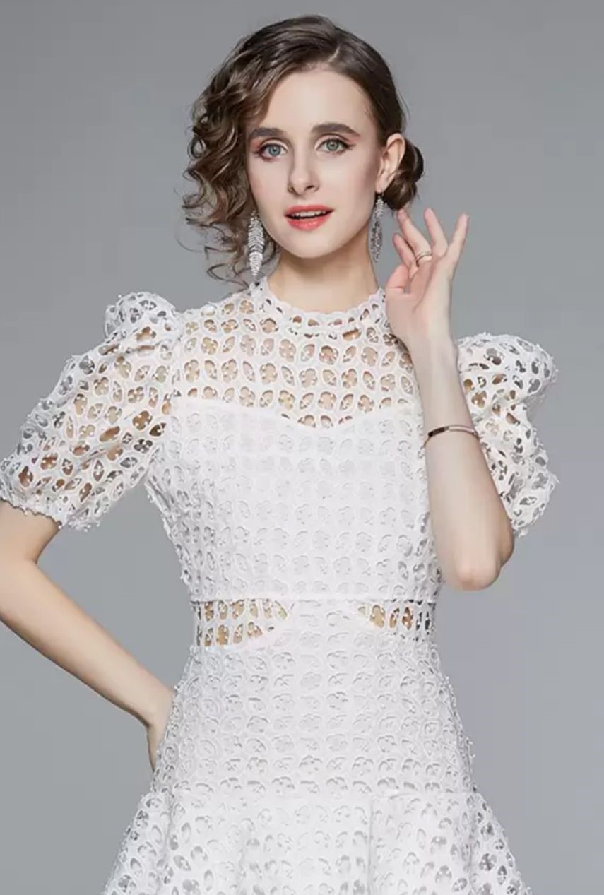 French Hollow Lace White Dress with Puffed Sleeves and Multi-Tier Skirt