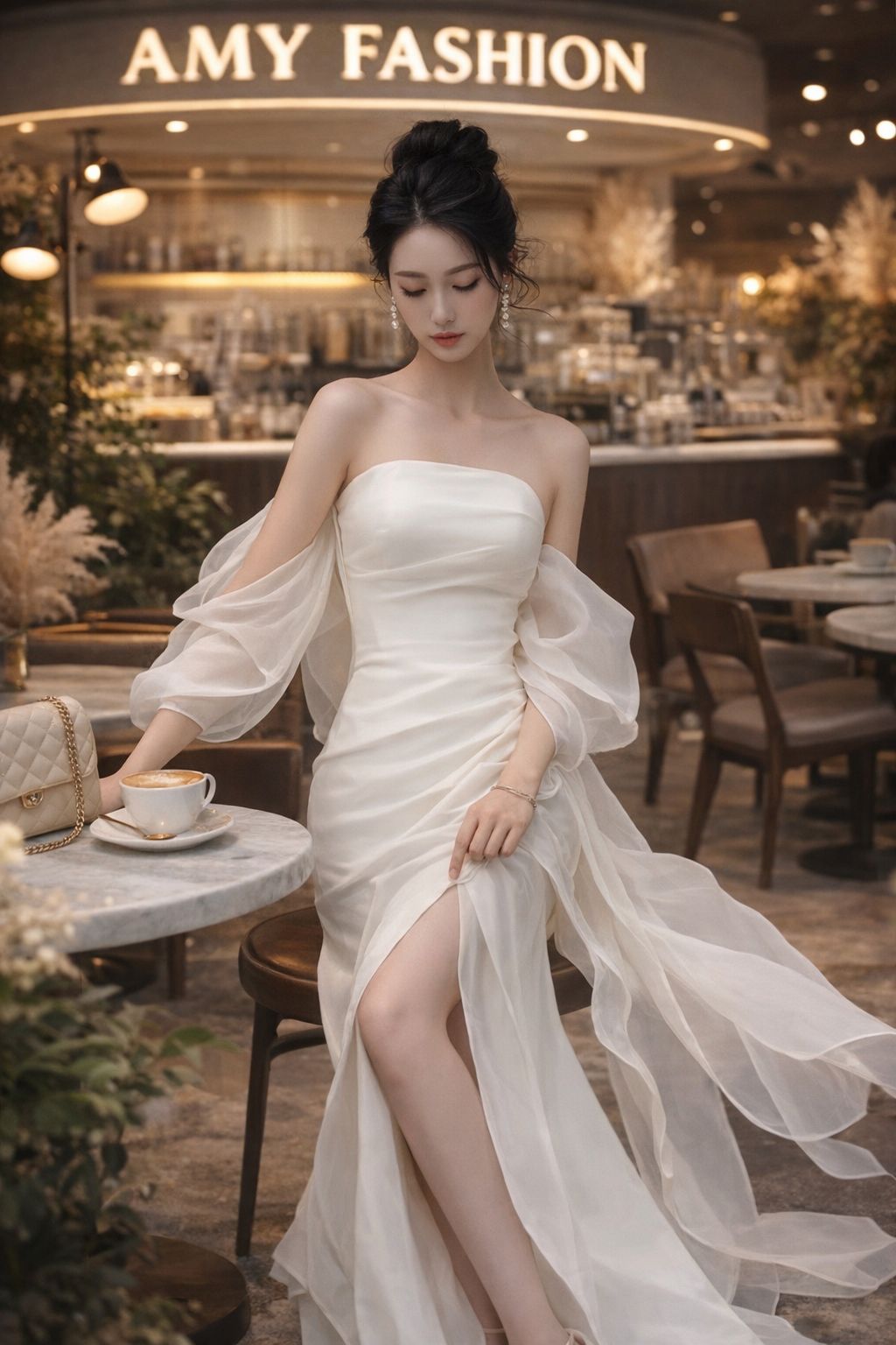 Ethereal Off-Shoulder Organza Gown with Flower Sleeves